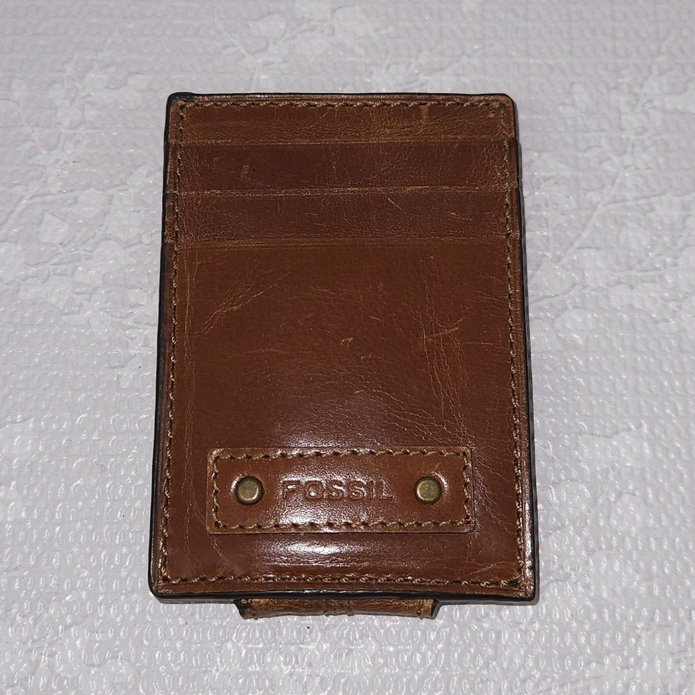 FOSSIL Brown Leather Money Clip Card Wallet - Picture 3 of 9